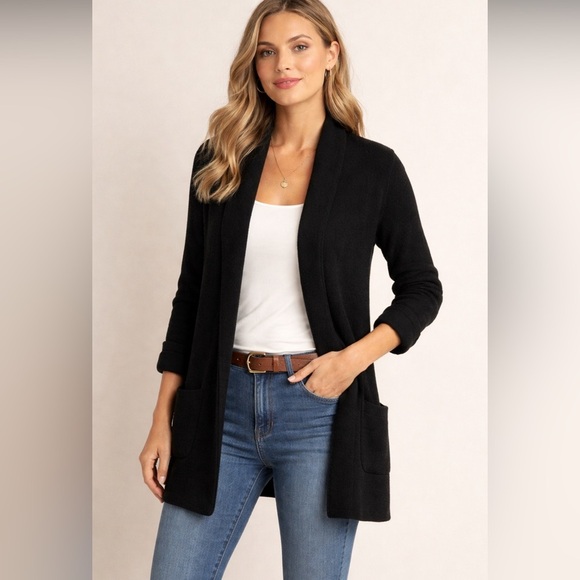 Talbots Sweaters - Talbots Black Wool Blend Open Front Cardigan Sweater Long Shawl Collar Medium